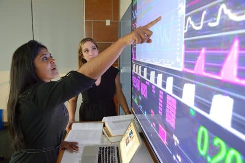 Researchers reviewing patient monitoring data on a large screen